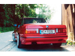 Das rote Cabrio von schräg hinten unter Bäumen